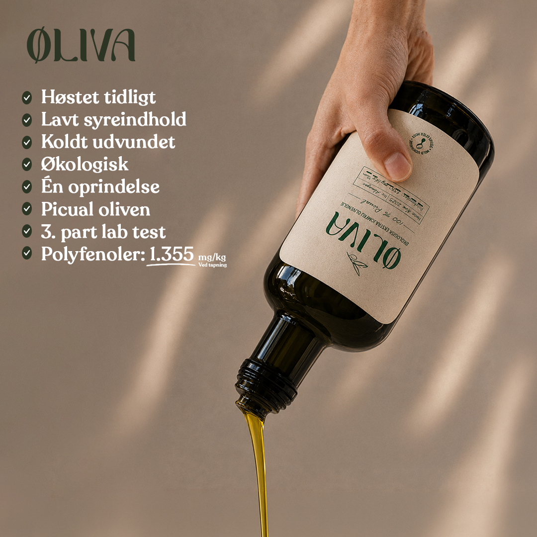 Øliva 500ML Picual Øko EVOO: 1.355mg/kg polyfenoler ved tapning